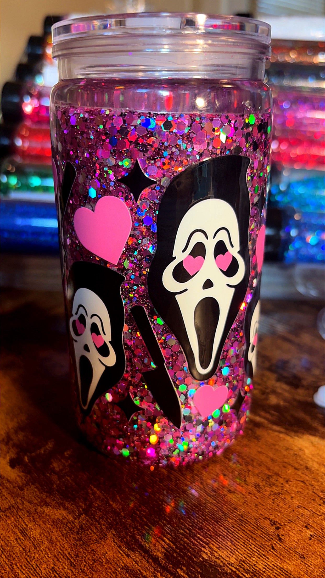 Pink glitter scary movie mask