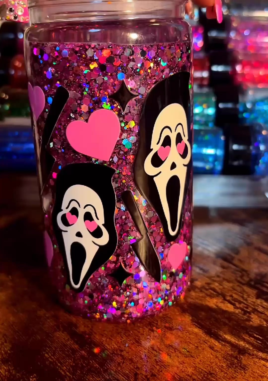 Pink glitter scary movie mask